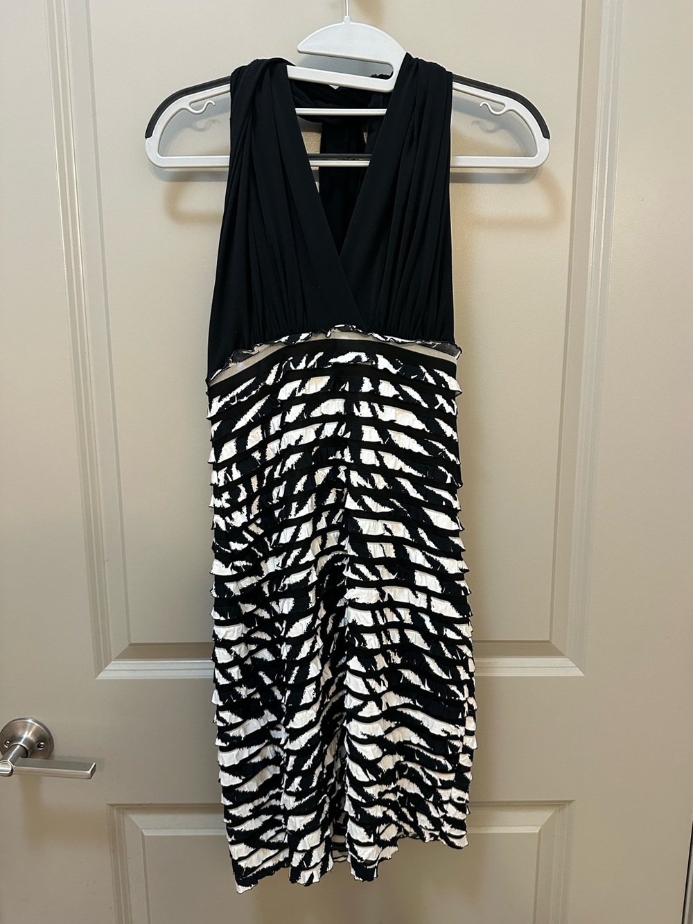 Black and white ruffle halter dress
